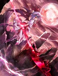 Rule 34 | 1girl, ascot, bad id, bad pixiv id, bat wings, blood, blood in mouth, blood on face, blue hair, female focus, full moon, highres, looking back, moon, outdoors, red eyes, red moon, remilia scarlet, ribbon, shirt, short hair, skirt, skirt set, sky, solo, sparks, spear the gungnir, torino aqua, touhou, wings, wrist ribbon