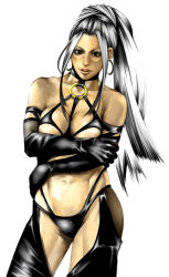 Rule 34 | 1girl, bare shoulders, breasts, cleavage, crossed arms, earrings, elbow gloves, female focus, gensou suikoden, gensou suikoden i, gensou suikoden ii, gensou suikoden iii, gensou suikoden iv, gensou suikoden v, gloves, jeane (suikoden), jewelry, long hair, midriff, qiwei, rhapsodia, silver hair, solo, white background