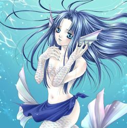 Rule 34 | 1girl, artist request, blue eyes, blue hair, blue nails, breasts, collarbone, female focus, fingernails, fins, floating hair, head fins, head tilt, light smile, lips, lipstick, long fingernails, long hair, looking at viewer, makeup, matching hair/eyes, mermaid, monster girl, nail polish, navel, original, parted lips, sarong, scales, small breasts, solo, tail, tokyo kaidan, topless, underwater, water, webbed hands