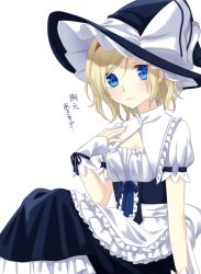 Rule 34 | 1girl, alice margatroid, apron, bad id, bad twitter id, blonde hair, blouse, blue eyes, breasts, cleavage, commentary request, cosplay, hairband, hand on own chest, hat, highres, kirisame marisa, kirisame marisa (cosplay), knees up, legs together, looking at viewer, low neckline, shawl, shirt, short hair, short sleeves, sitting, small breasts, solo, touhou, translated, tsuno no hito, waist apron, witch hat, wrist cuffs