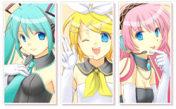 Rule 34 | 00s, 3girls, :p, ;d, adapted costume, alternate costume, aqua hair, aqua neckwear, arm at side, bare shoulders, black collar, black detached collar, black tube top, blue eyes, blue gemstone, breasts, brooch, c:, cleavage, closed mouth, collar, column lineup, detached collar, elbow gloves, female focus, flat chest, gem, gloves, hair ornament, hair ribbon, hairclip, hand on own chest, happy, hatsune miku, headphones, headset, highres, index finger raised, jewelry, kagamine rin, long hair, looking at viewer, medium breasts, megurine luka, multiple girls, nacht (nacht 01), neck, neckerchief, necktie, one eye closed, open mouth, pink hair, ribbon, short hair, smile, strapless, tongue, tongue out, tube top, twintails, upper body, vocaloid, waving, white gloves, white ribbon, white tube top, wink, yellow neckwear