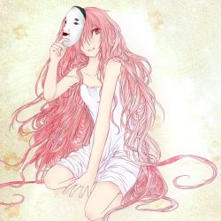 Rule 34 | 1girl, absurdly long hair, alternate costume, alternate hair length, alternate hairstyle, bad id, bad pixiv id, collarbone, dress, flat chest, grin, hair over one eye, hata no kokoro, light particles, long hair, looking at viewer, mask, noh mask, patterned background, pink eyes, pink hair, sariteru, short dress, sitting, smile, solo, strap slip, sundress, touhou, very long hair, wariza, wavy hair, white dress