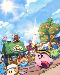 Rule 34 | bandana, bandana waddle dee, beam mage, blue sky, broom, broom hatter, bug, butterfly, butterfly wings, chuchu (kirby), closed eyes, cloud, coo (kirby), doctor healmore, fangs, flamberge (kirby), flower, francisca (kirby), gem apple, glasses, gloves, hammer lord, handheld game console, hat, heart, heart-shaped eyewear, highres, holding, holding broom, holding flower, holding handheld game console, holding sword, holding weapon, hyness, insect, insect wings, kine (kirby), kirby, kirby (series), magolor, nintendo, nintendo switch, parallel susie, polearm, rayman limbs, rick (kirby), round eyewear, sailor hat, sailor waddle dee, sky, smile, solid oval eyes, spear, sun, super kirby clash, suyasuyabi, sword, sword hero, taranza, tree, waddle dee, weapon, wings, witch hat