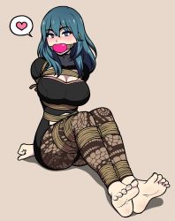 Rule 34 | 1girl, ball gag, barefoot, bdsm, blue eyes, blue hair, blush, bondage, bound, breasts, byleth (female) (fire emblem), byleth (fire emblem), cleavage, dress, feet, fire emblem, fire emblem: three houses, gag, gagged, heart, highres, intelligent systems, jam-orbital, large breasts, nintendo, rope, shorts, soles, solo, tagme, toes