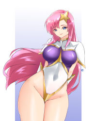 Rule 34 | 1girl, absurdres, arms behind back, blue eyes, breasts, covered navel, gundam, gundam seed, highres, jrpulse, large breasts, legs, leotard, lipstick, long hair, looking at viewer, makeup, meer campbell, pink hair, smile, solo, thick thighs, thighs, wide hips