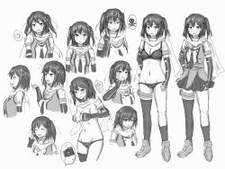 Rule 34 | &gt;:|, 10s, 1girl, :|, blush, breasts, camera, cleavage, closed mouth, greyscale, heart, highres, kantai collection, monochrome, multiple views, navel, necktie, profile, remodel (kantai collection), scarf, school uniform, sendai (kancolle), serafuku, shigekikkusu, single thighhigh, skirt, skull and crossbones, spoken heart, thighhighs, topless, twintails, two side up, underwear, upper body, v-shaped eyebrows