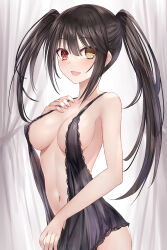 Rule 34 | 1girl, :d, asle, asymmetrical hair, black hair, cowboy shot, curtains, date a live, heterochromia, highres, lace trim, lingerie, long hair, looking at viewer, navel, no bra, open mouth, plunging neckline, red eyes, sidelocks, smile, solo, stomach, tokisaki kurumi, twintails, underwear, yellow eyes