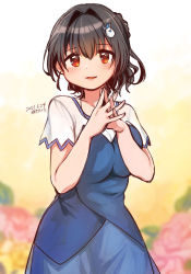 Rule 34 | 1girl, alternate costume, alternate hairstyle, black hair, blue dress, cowboy shot, dress, hair flaps, hair ornament, hairclip, highres, jingei (kancolle), kantai collection, kirisawa juuzou, long hair, looking at viewer, own hands clasped, own hands together, parted lips, red eyes, short sleeves, solo