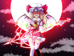 Rule 34 | 1girl, bat wings, blonde hair, blue hair, crazy, dragon ball, embodiment of scarlet devil, fal (falketto), falketto, female focus, flandre scarlet, fusion, glowing, glowing eyes, gradient hair, hat, laevatein, moon, multicolored hair, parody, red moon, remilia scarlet, side ponytail, solo, spear the gungnir, thighhighs, touhou, white thighhighs, wings