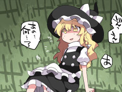 Rule 34 | 1girl, :d, bad id, bad pixiv id, blonde hair, braid, commentary request, hammer (sunset beach), hat, kirisame marisa, long hair, nervous, nervous smile, open mouth, puffy sleeves, shaded face, single braid, sitting, skirt, smile, solo, sweat, nervous sweating, touhou, translation request, wavy hair, yellow eyes