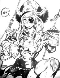 Rule 34 | 1girl, blush, breasts, cigar, cleavage, eyepatch, greyscale, hat, kilart, long hair, monochrome, pirate, pirate hat, rapier, sketch, solo, source request, sword, thighhighs, weapon
