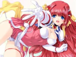 Rule 34 | 1girl, artist request, beat angel escalayer, blue eyes, breasts, cleavage, dress, elbow gloves, escalayer, gloves, gluteal fold, hair ornament, hairclip, highres, kouenji sayuka, long hair, looking at viewer, magical girl, medium breasts, open mouth, outstretched arm, outstretched hand, panties, pink dress, red hair, ribbon, short dress, simple background, smile, solo, source request, thigh strap, underwear, very long hair, white background, white gloves, white panties