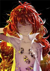 Rule 34 | 1other, bad id, bad pixiv id, gem uniform (houseki no kuni), highres, houseki no kuni, long hair, looking at viewer, open clothes, open shirt, padparadscha (houseki no kuni), red eyes, red hair, ryein, shirt, smile, solo, sparkle, upper body