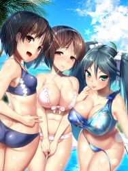 Rule 34 | 3girls, :d, :p, alternate costume, aqua eyes, aqua hair, ass, asymmetrical clothes, ayagi daifuku, back, bikini, blue bikini, blue ribbon, blue sky, blush, bow, breasts, brown eyes, brown hair, butt crack, cleavage, closed mouth, cloud, collarbone, covered erect nipples, day, finger to mouth, groin, hair bow, hairband, isuzu (kancolle), kantai collection, large breasts, leaning forward, long hair, mouth hold, multiple girls, nagara (kancolle), natori (kancolle), navel, open mouth, outdoors, own hands together, palm tree, parted bangs, pink bikini, red eyes, ribbon, shiny skin, short hair, single-shoulder bikini, single strap, sky, small breasts, smile, star (symbol), stomach, swimsuit, thigh gap, thighs, tongue, tongue out, tree, twintails, untied bikini, v arms, water, white bow, white hairband