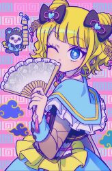 Rule 34 | 1girl, bamboo steamer, baozi, black bow, blonde hair, blue eyes, blue shirt, blue skirt, blunt bangs, bow, chinese clothes, commentary request, cone hair bun, curly hair, double bun, floral print, folding fan, food, frilled shirt collar, frills, hair bow, hair bun, hand fan, highres, holding, holding fan, idol clothes, korean commentary, kuma (pripara), lau (laustar30), long sleeves, looking at viewer, minami mirei, one eye closed, pink background, pretty series, pripara, see-through, see-through sleeves, shirt, short hair, skirt, standing, stuffed animal, stuffed toy, tassel, teddy bear