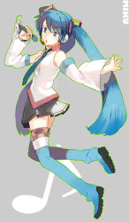 Rule 34 | aqua necktie, bad id, bad pixiv id, blouse, blue eyes, blue hair, character name, collared shirt, detached sleeves, full body, grey background, hatsune miku, long hair, microphone, necktie, shirt, skirt, sleeveless, sleeveless shirt, solo, thighhighs, twintails, uichi, very long hair, vocaloid, white shirt
