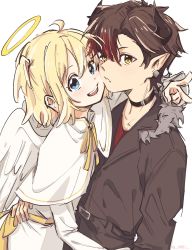 Rule 34 | 1boy, 1girl, ahoge, angel, angel wings, arm around neck, belt collar, black jacket, blonde hair, blue eyes, brown hair, capelet, cheek-to-cheek, collar, demon, demon horns, dress, earrings, feathered wings, halo, hand on another&#039;s hip, heads together, highres, horns, hug, jacket, jewelry, looking at viewer, m0ti, open mouth, original, pointy ears, red shirt, shirt, short hair, sketch, slit pupils, smile, twitter username, upper body, v, white background, white capelet, white dress, wings, yellow eyes