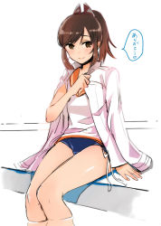 Rule 34 | 10s, 1girl, bad id, bad pixiv id, blush, brown eyes, brown hair, i-401 (kancolle), jacket, jacket on shoulders, kantai collection, looking at viewer, military, military uniform, one-piece swimsuit, oniku (oishii oniku), ponytail, sailor collar, school swimsuit, school uniform, short hair, short ponytail, sitting, smile, solo, swimsuit, swimsuit under clothes, translated, uniform, wading, water
