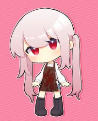 Rule 34 | alice sawyer, alice sawyer (artist), black footwear, blood, blood on clothes, blue shorts, boots, chibi, closed mouth, diagonal stripes, indie virtual youtuber, long sleeves, looking at viewer, pink background, pink hair, red eyes, shirt, shorts, stained clothes, striped, striped background, twintails, virtual youtuber, white shirt, white sleeves