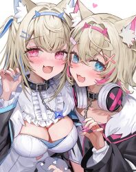 Rule 34 | 2girls, absurdres, animal ear fluff, animal ears, black jacket, blonde hair, blue eyes, blue hair, blush, breasts, chain, chain leash, cleavage, collar, collarbone, commentary, crop top, crossed bangs, dog ears, dog girl, fang, fur collar, fuwawa abyssgard, hair intakes, headphones, headphones around neck, heart, highres, hololive, hololive english, jacket, large breasts, leash, long sleeves, looking at viewer, mococo abyssgard, multicolored hair, multiple girls, open mouth, paw pose, pink eyes, pink hair, rum raisin (chihiromakita19), shirt, siblings, simple background, sisters, skin fang, streaked hair, twins, two-tone hair, upper body, virtual youtuber, white background, white shirt