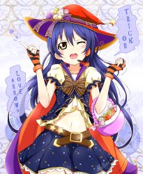 Rule 34 | 10s, 1girl, ;d, basket, belt, blue hair, bow, candy, english text, fingerless gloves, food, gloves, halloween, halloween costume, hat, hat bow, headset, karamoneeze, lollipop, long hair, love live!, love live! school idol festival, love live! school idol project, midriff, navel, one eye closed, open mouth, print skirt, puffy short sleeves, puffy sleeves, shirt, short sleeves, skirt, smile, solo, sonoda umi, star (symbol), star print, striped clothes, striped gloves, trick or treat, very long hair, witch hat, yellow eyes