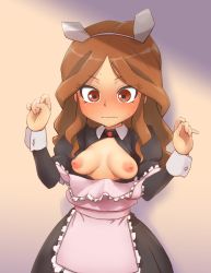 Rule 34 | 1girl, apron, blush, breasts, breasts out, brown eyes, brown hair, embarrassed, inazuma eleven (series), maid, maid apron, maid headdress, maid, nipples, open clothes, open shirt, raimon natsumi
