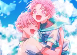 Rule 34 | 2boys, ameto yukino, bad id, bad pixiv id, blue sky, blush, brothers, day, fang, highres, looking at viewer, male focus, multiple boys, one eye closed, open mouth, original, outdoors, pink eyes, pink hair, sailor, siblings, sky