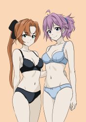 2girls absurdres akigumo_(kancolle) aoba_(kancolle) black_bra black_panties blue_bow blue_bra blue_eyes blue_panties bone_namu(namu49850) bow bow_bra bow_panties bra breasts brown_hair commentary_request cowboy_shot curtained_hair green_eyes highres kantai_collection long_hair looking_at_viewer medium_breasts multiple_girls navel orange_background panties parted_bangs ponytail purple_hair short_hair short_ponytail simple_background underwear very_long_hair