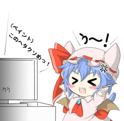 Rule 34 | &gt; &lt;, 1girl, anger vein, bad id, bad pixiv id, bat wings, blue hair, bow, cat tail, chibi, closed eyes, fang, hat, hat bow, kemonomimi mode, kokujuuji, mob cap, red bow, remilia scarlet, short hair, simple background, solo, tail, touhou, uu~, white background, wings, wrist cuffs