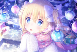 Rule 34 | 1girl, bauble, blonde hair, blue eyes, bow, box, christmas ornaments, coat, emori el, gift, gift box, hair bow, hands up, highres, kon hoshiro, liver city, long hair, one side up, open mouth, plaid, plaid scarf, scarf, snowing, solo, sparkle, upper body, white bow, white coat, winter, winter clothes