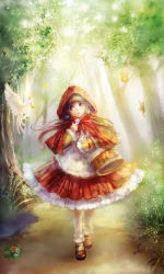 Rule 34 | 1girl, basket, big bad wolf, bird, blue eyes, brown hair, forest, frog, grimm&#039;s fairy tales, hair bobbles, hair ornament, highres, hood, little red riding hood, little red riding hood (grimm), long hair, mary janes, nature, original, orry, owl, shoes, skirt, twintails, wolf