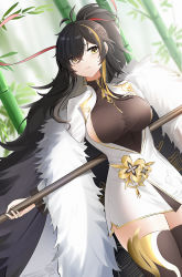 Rule 34 | 1girl, azur lane, black hair, breasts, harbin (azur lane), highres, large breasts, long hair, looking at viewer, mole, mole under eye, ponytail, qing wu, solo, thighhighs, thighs, yellow eyes