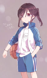 Rule 34 | 1girl, absurdres, adachi sakura, adachi to shimamura, ball, basketball, basketball (object), black hair, blue shorts, blush, brown background, carrying, carrying under arm, closed mouth, commentary request, gym shirt, gym shorts, gym uniform, hair over one eye, hand in pocket, highres, jacket, long hair, long sleeves, open clothes, open jacket, ponytail, purple eyes, shirt, short shorts, shorts, simple background, solo, sorimachi-doufu, sweat, track jacket, translation request, white jacket, white shirt