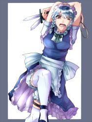 Rule 34 | 1girl, arms behind head, between fingers, bloomers, breasts, holding, holding knife, izayoi sakuya, knife, knives between fingers, maid, mitunarilove (pixiv), touhou, underwear, watch