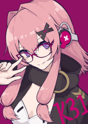 Rule 34 | 1girl, character name, coat, girls&#039; frontline, glasses, hair ornament, hairclip, highres, k31 (girls&#039; frontline), long hair, papaia (quentingqoo), pink hair, purple background, purple eyes, simple background, smile, solo