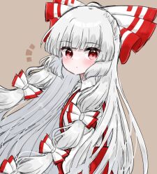 Rule 34 | 1girl, blunt bangs, bow, closed mouth, fujiwara no mokou, grey background, hair bow, highres, koharu66353343, long hair, looking at viewer, red eyes, simple background, solo, touhou, upper body, white bow, white hair