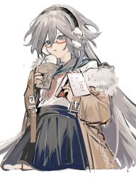 Rule 34 | 1girl, baozi, black hairband, black sailor collar, black skirt, blue eyes, brown jacket, commentary request, food, fu hua, fur-trimmed jacket, fur trim, grey hair, hair between eyes, hairband, highres, holding, holding food, honkai (series), honkai impact 3rd, jacket, long hair, long sleeves, looking at viewer, neckerchief, notepad, off shoulder, open clothes, open jacket, parted lips, pleated skirt, red neckerchief, sailor collar, sanhgreen, school uniform, serafuku, shirt, simple background, skirt, sleeves past wrists, solo, very long hair, white background, white shirt