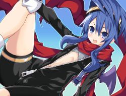 Rule 34 | 10s, 1girl, blue eyes, blue hair, blush, choujigen game neptune, fang, flat chest, gloves, goggles, goggles on head, iwashi dorobou -r-, long hair, looking at viewer, matching hair/eyes, navel, neptune (series), nippon ichi (neptunia), scarf, smile, solo, unzipped