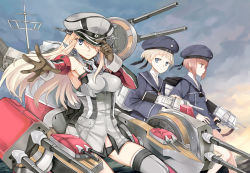 Rule 34 | 10s, 3girls, beret, bismarck (kancolle), bismarck kai (kancolle), blonde hair, blue eyes, breasts, brown eyes, brown hair, cannon, clothes writing, detached sleeves, dress, gloves, grey legwear, hao (patinnko), hat, highres, kantai collection, long hair, looking at viewer, medium breasts, military, military hat, military uniform, multiple girls, peaked cap, personification, sailor collar, sailor dress, sailor hat, short hair, silver hair, thighhighs, uniform, weapon, z1 leberecht maass (kancolle), z3 max schultz (kancolle)