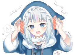 Rule 34 | 1girl, :d, a (phrase), animal hood, blue eyes, blue hoodie, commentary request, drawstring, drooling, english text, food, gawr gura, gawr gura (1st costume), heart, holding, holding food, hololive, hololive english, hood, hood up, hoodie, long sleeves, looking at viewer, lunacats, meat, multicolored hair, open mouth, pink eyes, saliva, salmon, shark hood, sharp teeth, signature, simple background, smile, solo, streaked hair, teeth, upper body, virtual youtuber, white background, wide sleeves