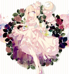 Rule 34 | 1girl, blonde hair, blue nails, blush stickers, breasts, bridal garter, commentary, crown, dress, dress ribbon, english commentary, heterochromia, highres, holding, holding staff, mini crown, moon (usagi nui), multicolored nails, no nose, original, parted lips, personification, petticoat, pink eyes, purple eyes, red nails, short hair, sleeveless, sleeveless dress, small breasts, solo, staff, usagi nui, white dress