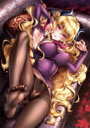 Rule 34 | 1girl, armpit cutout, armpits, blonde hair, blush, breasts, brown pantyhose, clothing cutout, couch, covered erect nipples, demon horns, feet, female focus, foot up, hair spread out, twirling hair, hands up, highres, hizuki akira, horn ornament, horns, large breasts, long hair, long sleeves, looking at viewer, lying, mole, mole on armpit, on couch, original, pantyhose, pillow, pink eyes, purple shirt, seductive smile, shirt, smile, soles, solo, thighband pantyhose, very long hair