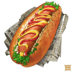 Rule 34 | bread, bread bun, cocomeen, dessert, food, food focus, hot dog, ketchup, lettuce, meat, mustard, newspaper, no humans, original, realistic, sauce, sausage, simple background, still life, vegetable, white background
