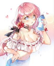 Rule 34 | 1girl, :o, bare shoulders, black choker, black ribbon, blue eyes, blue shorts, blush, bottle, breasts, character request, choker, cleavage, collarbone, crop top, final fantasy, final fantasy xiv, flower, gradient background, hair flower, hair ornament, hair ribbon, hand on own hip, hand up, heart, holding, holding bottle, large breasts, long hair, looking at viewer, midriff, nail polish, navel, open mouth, pingo, pink hair, pink nails, red flower, ribbon, shorts, solo, stomach, upper body, warrior of light (ff14)