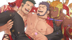 Rule 34 | 3boys, abs, bara, beard, black hair, blush, can, facial hair, from side, gyee, hand on another&#039;s thigh, highres, large pectorals, long sideburns, male focus, master (gyee), multicolored hair, multiple boys, muscular, necktie, necktie grab, neckwear grab, nipples, nywlub (bulwyn), open clothes, orange eyes, pectorals, pointy ears, priapus (gyee), purple hair, raikoh (paradiso guardian), revealing clothes, sideburns, simple background, smile, tattoo, undressing another, upper body