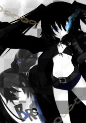 Rule 34 | 10s, 1girl, bad id, bad pixiv id, bikini, black hair, black rock shooter, black rock shooter (character), blue eyes, female focus, glowing, glowing eye, highres, monochrome, multiple views, purintowswsp, shorts, solo, spot color, swimsuit, vocaloid