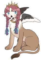 Rule 34 | absurdres, blue eyes, blush, braid, breasts, crown, feathered wings, flat color, highres, jewelry, looking at viewer, monster girl, nipples, open mouth, original, parted bangs, purple hair, semi kon, simple background, sitting, small breasts, sphinx, twin braids, white background, wings