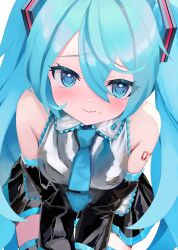 Rule 34 | 1girl, aqua eyes, aqua hair, aqua necktie, arm tattoo, bare shoulders, black skirt, black thighhighs, blush, breasts, closed mouth, commentary, detached sleeves, double-parted bangs, eyelashes, food, food on face, foreshortening, frilled shirt, frilled shirt collar, frills, from above, grey shirt, hair between eyes, hatsune miku, highres, lips, long hair, long sleeves, looking at viewer, medium breasts, miniskirt, necktie, pleated skirt, shirt, skirt, sleeveless, sleeveless shirt, solo, takepon1123, tattoo, thighhighs, tsurime, twintails, v arms, very long hair, vocaloid, white background, wide sleeves, zettai ryouiki