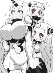 Rule 34 | 10s, 3girls, abyssal ship, airfield princess, bad id, bad pixiv id, bare shoulders, breasts, carrying, colored skin, detached sleeves, dress, gloves, horns, huge breasts, kantai collection, long hair, mittens, multiple girls, northern ocean princess, open mouth, pale skin, piggyback, red eyes, ribbed dress, seaport princess, short dress, sideboob, simple background, single horn, sleeves past wrists, white background, white dress, white gloves, white hair, white skin, yakan 7, yukinojou yakan
