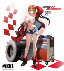 Rule 34 | 1girl, absurdres, adjustable wrench, armpits, bare shoulders, black choker, blonde hair, boots, breasts, choker, cleavage, denim, denim shorts, dramz, goddess of victory: nikke, high heels, highres, large breasts, maxwell (nikke), navel, open clothes, open fly, open shorts, short hair, shorts, sidelocks, single bare shoulder, smile, solo, sports bra, tools, unzipped, wheel, white sports bra, wrench
